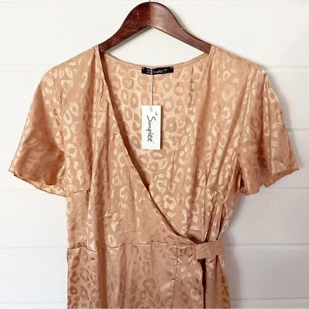NWT Simplee Midi Animal Print Wrap Asymmetric Dress Size Large in Gold - Picture 10 of 13